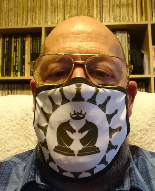 Peter Przybycin wearing chess mask