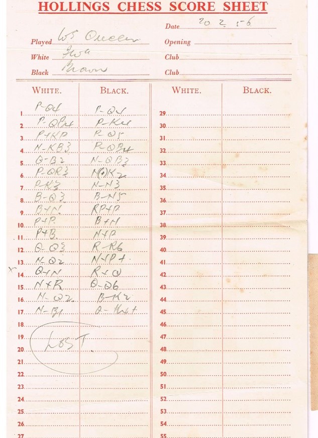 Hollings scoresheet found in chess book